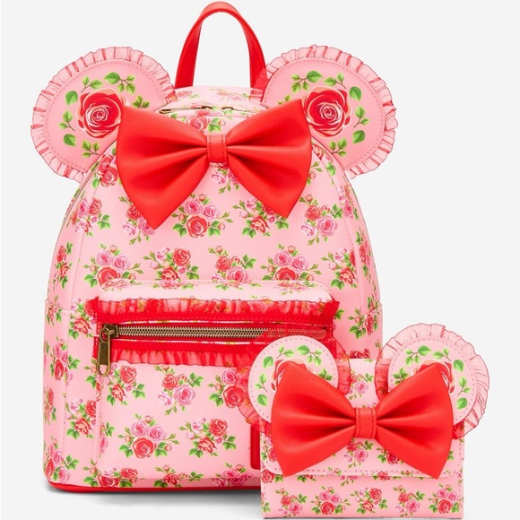 Disney Handbags - Disney Loungefly Disney Minnie Mouse Pink & Red Roses with Mini Flap Wallet